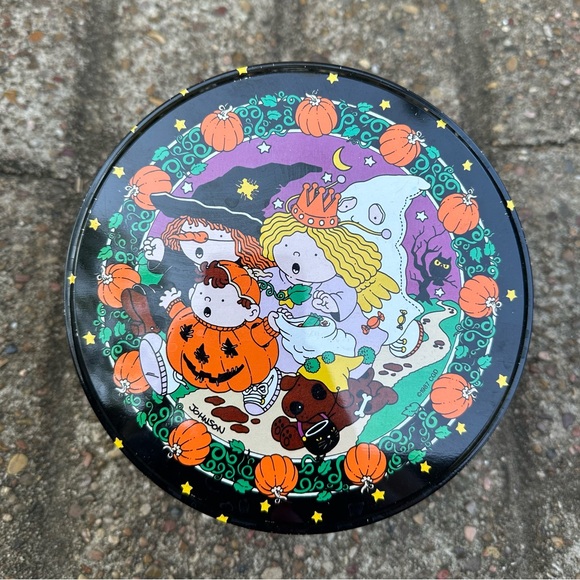 1987 CGD Johnson Pumpkin Patch Kids Halloween Tin Round Candy Container EMPTY - Picture 1 of 12